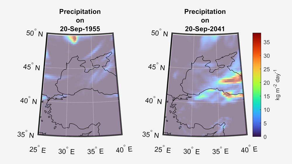 1955 年 9 月 20 日以来降水和 2041 年 9 月 20 日预测降水的实时脚本。